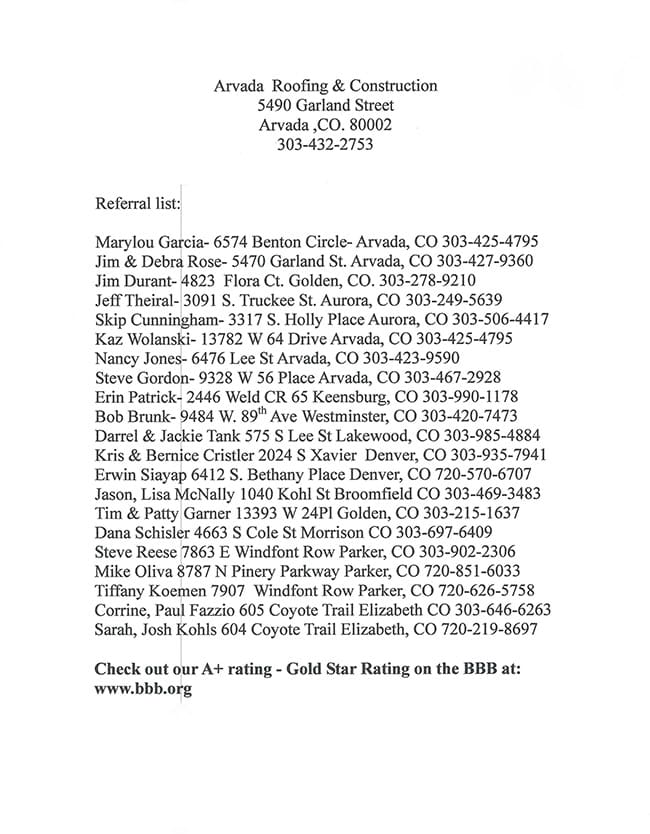 arvada roofing and construction references